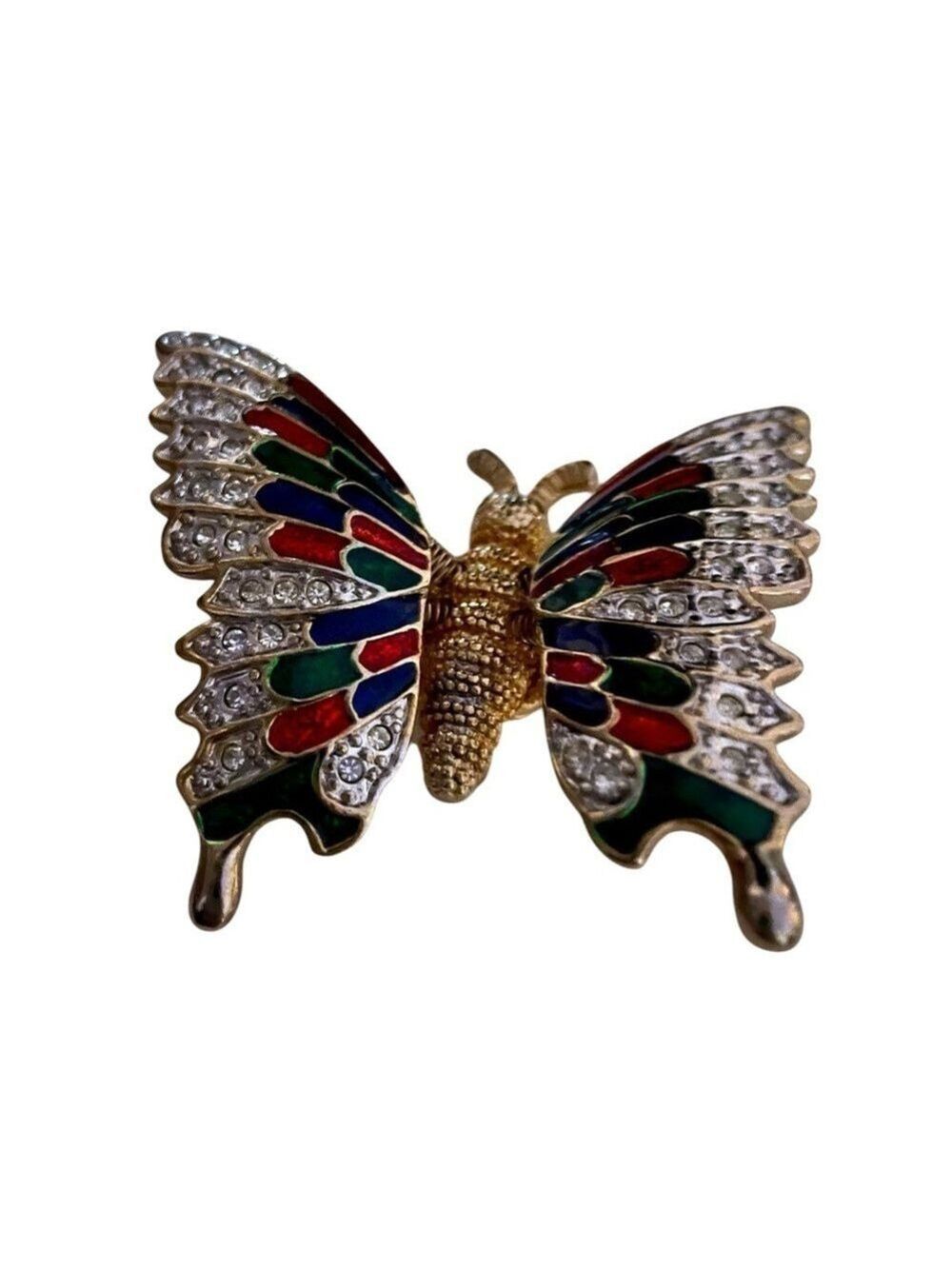 Vintage Trembling Butterfly Brooch Gold-Tone, Enameled Wings, Rhinesto…